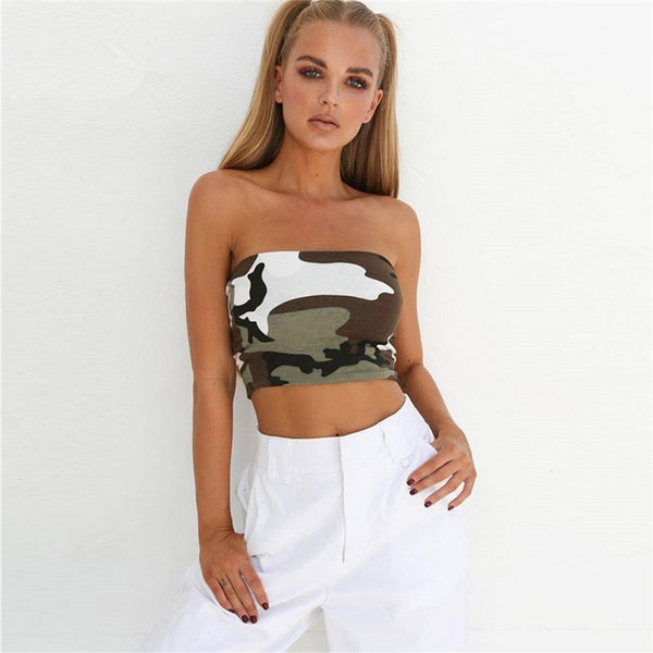 New Womens Casual Strapless Bustier Crop Top Bandeau Camisole Camouflage Tank Tube Tops Fashion (Free Shipping)